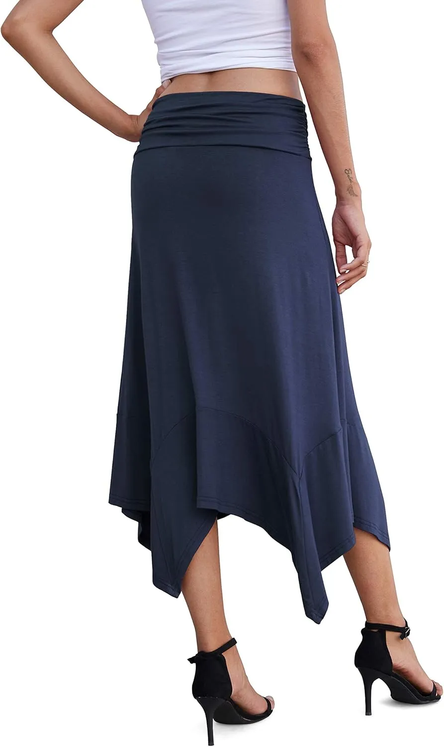 PrinStory Women's Casual Elegant Flowy Handkerchief Hemline Midi Skirt