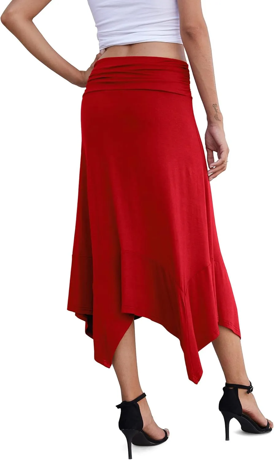 PrinStory Women's Casual Elegant Flowy Handkerchief Hemline Midi Skirt