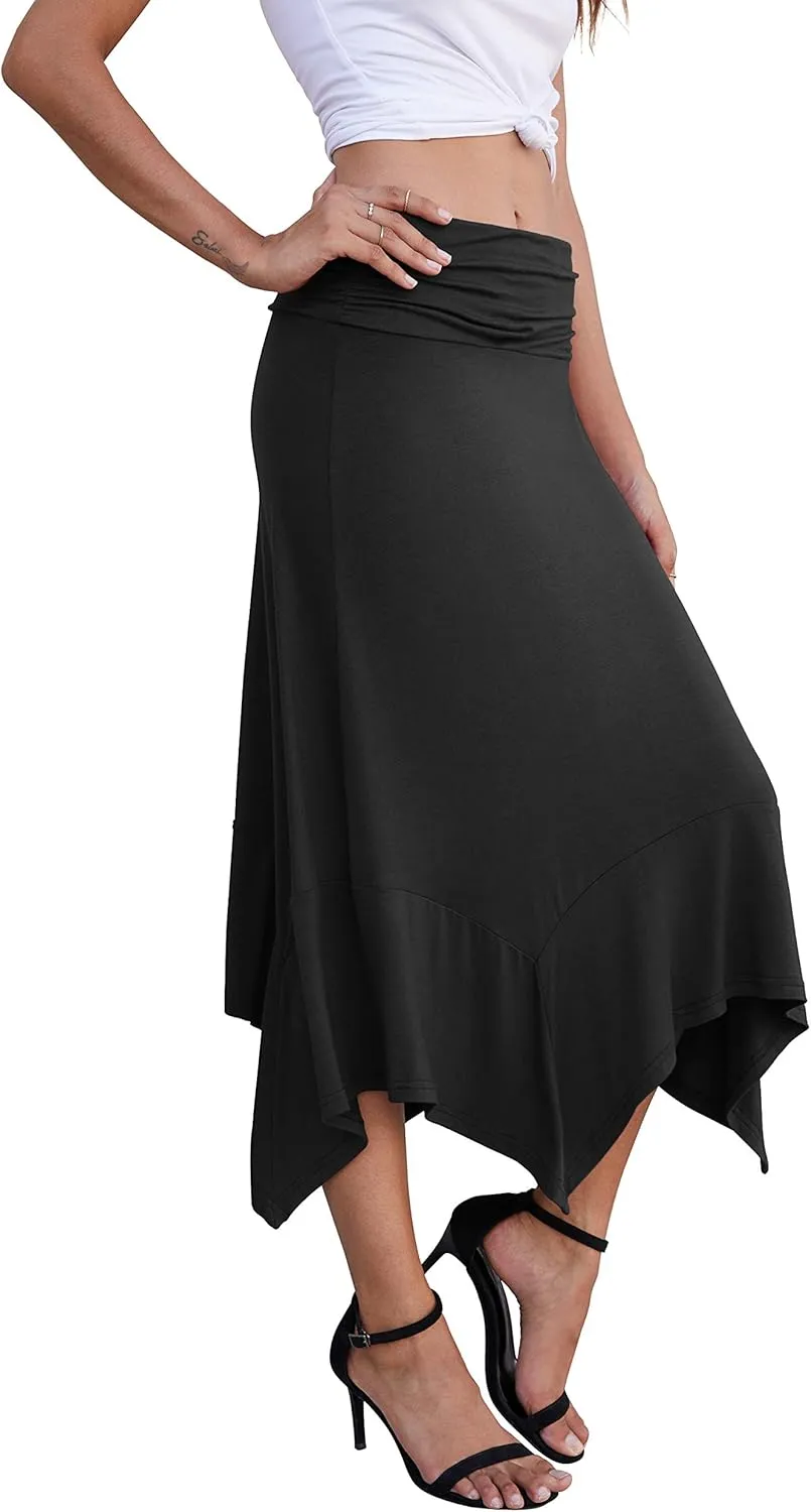 PrinStory Women's Casual Elegant Flowy Handkerchief Hemline Midi Skirt