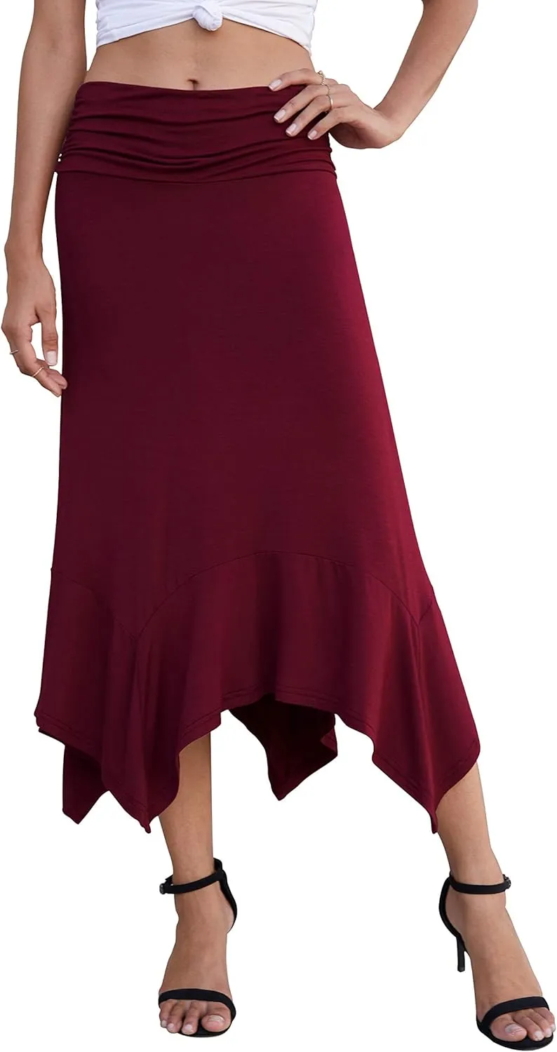 PrinStory Women's Casual Elegant Flowy Handkerchief Hemline Midi Skirt