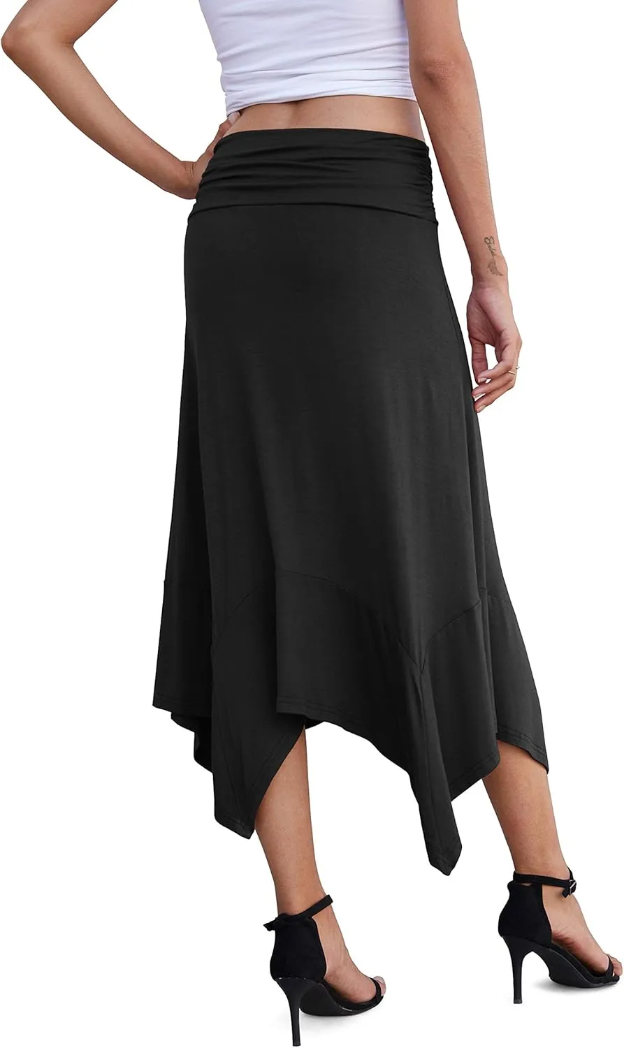 PrinStory Women's Casual Elegant Flowy Handkerchief Hemline Midi Skirt