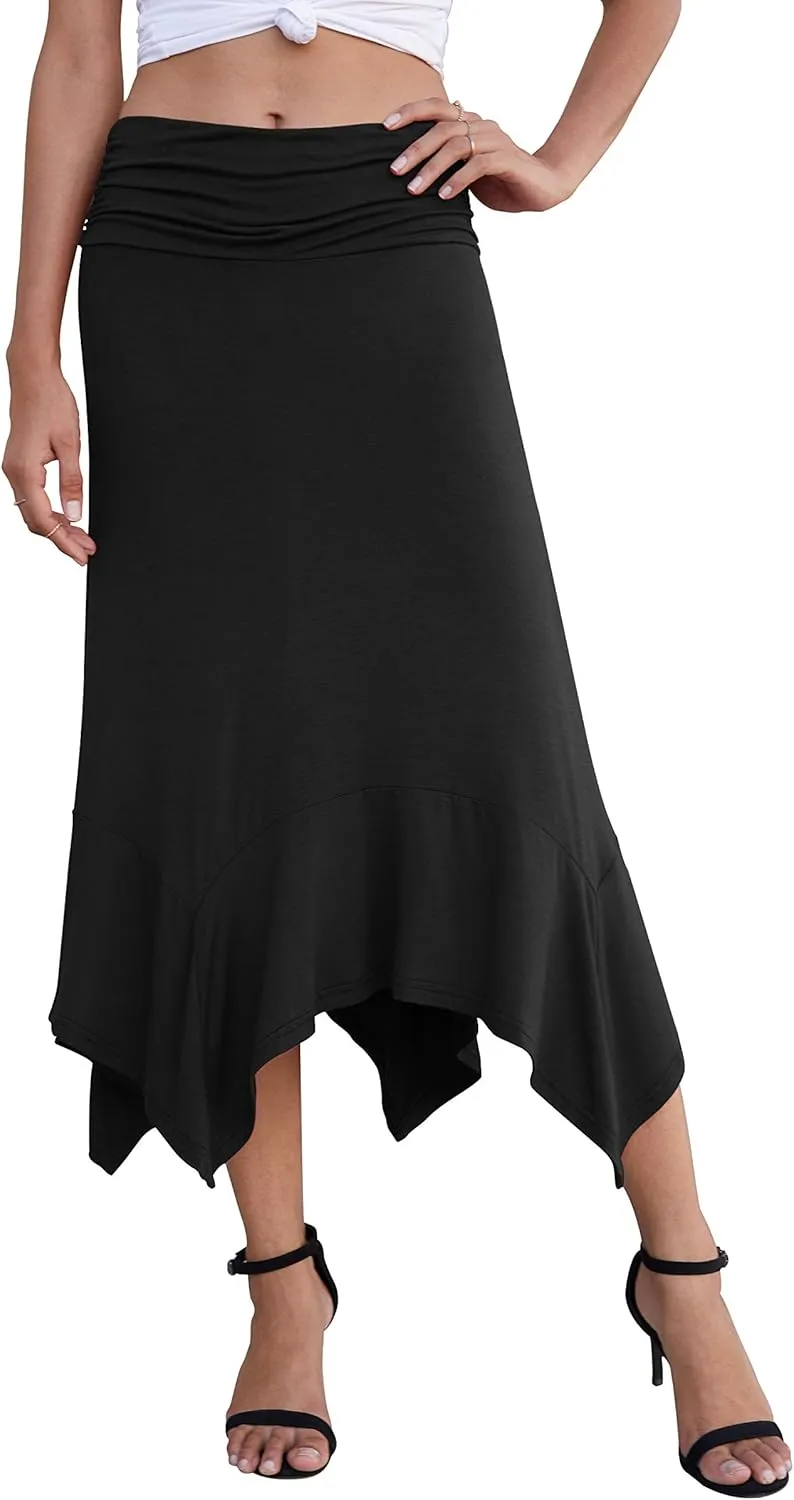 PrinStory Women's Casual Elegant Flowy Handkerchief Hemline Midi Skirt