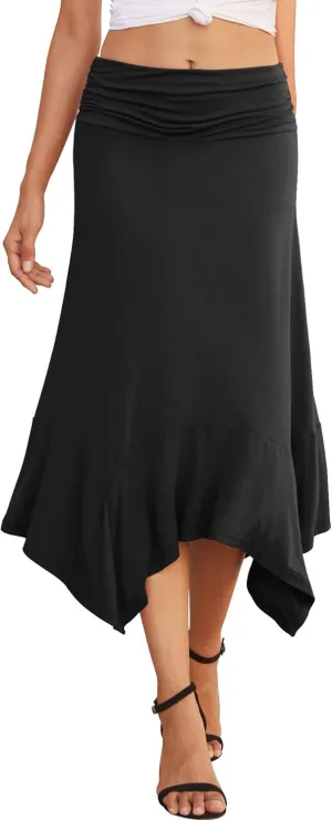 PrinStory Women's Casual Elegant Flowy Handkerchief Hemline Midi Skirt