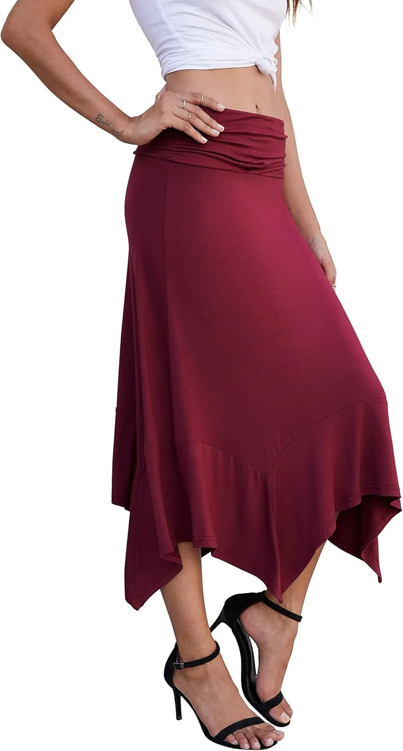 PrinStory Women's Casual Elegant Flowy Handkerchief Hemline Midi Skirt