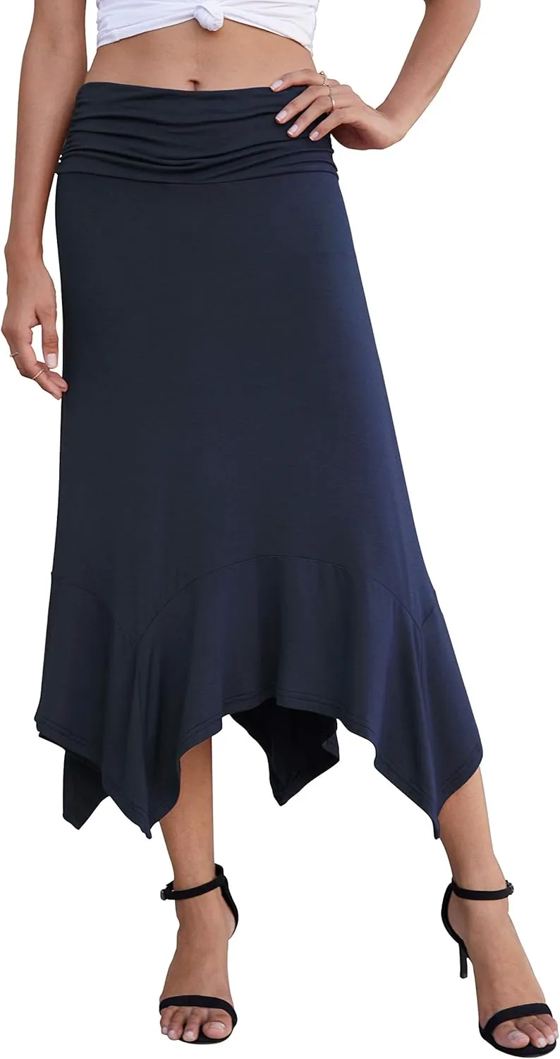 PrinStory Women's Casual Elegant Flowy Handkerchief Hemline Midi Skirt