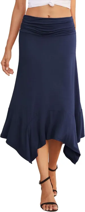 PrinStory Women's Casual Elegant Flowy Handkerchief Hemline Midi Skirt