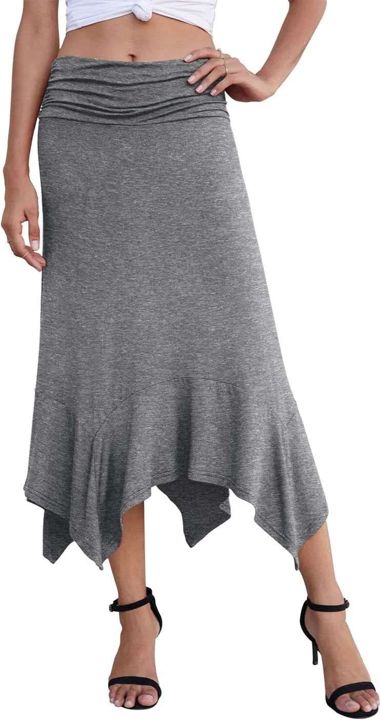 PrinStory Women's Casual Elegant Flowy Handkerchief Hemline Midi Skirt