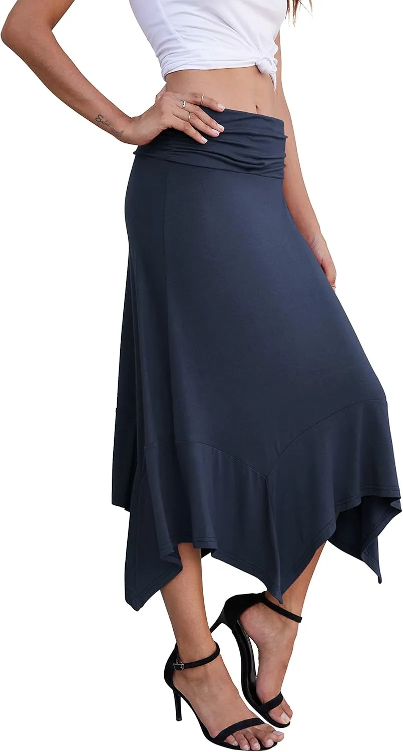 PrinStory Women's Casual Elegant Flowy Handkerchief Hemline Midi Skirt