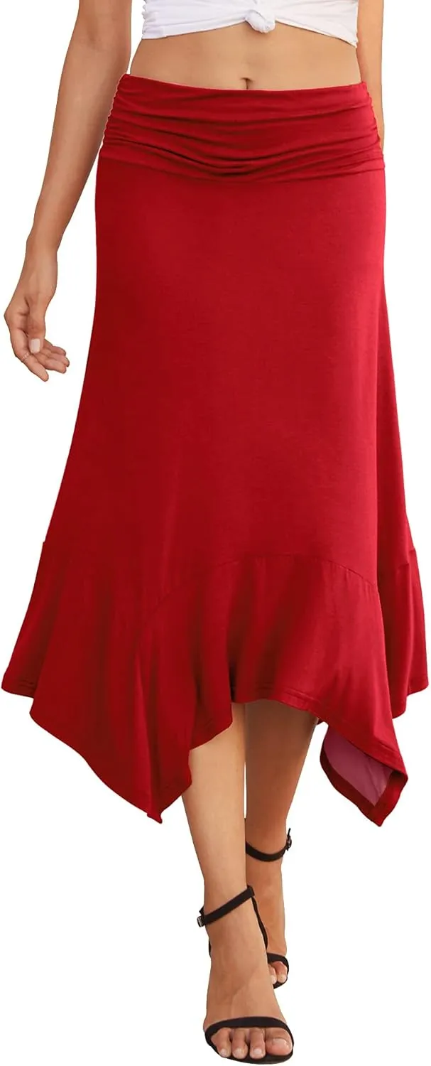 PrinStory Women's Casual Elegant Flowy Handkerchief Hemline Midi Skirt