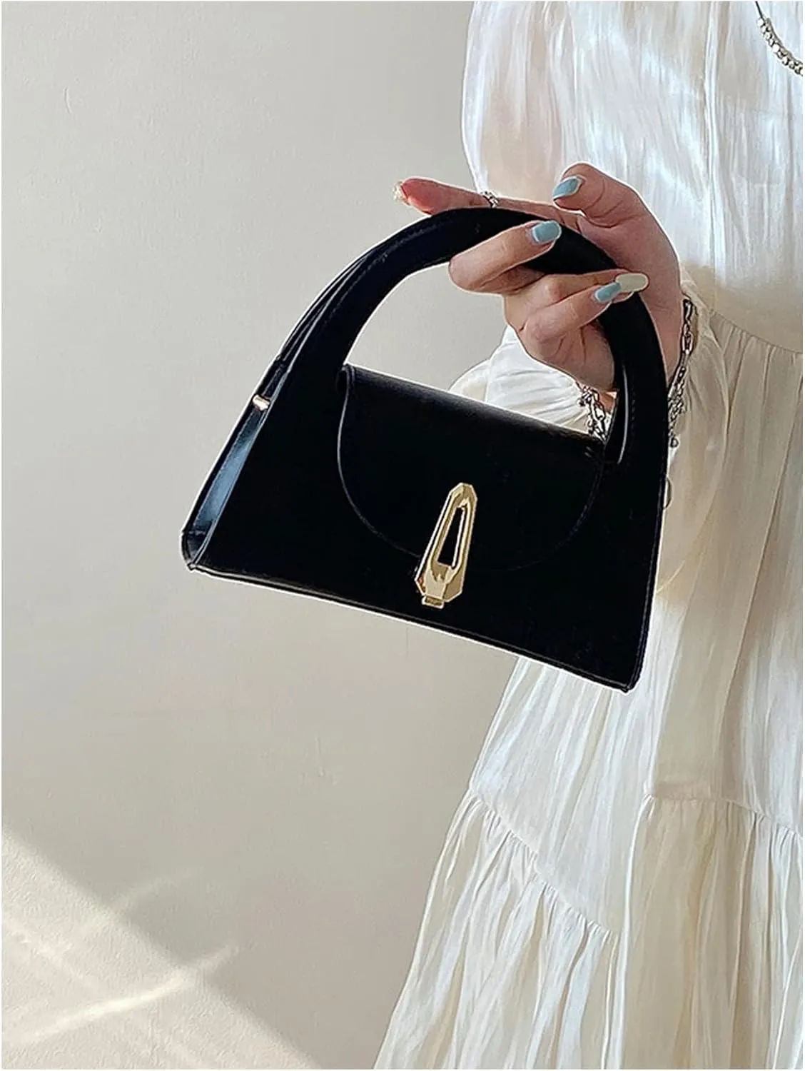 QWINEE Women's Elegant Flap Evening Handbag Double Handle Faux Leather Elegant Classic Clutch Purse
