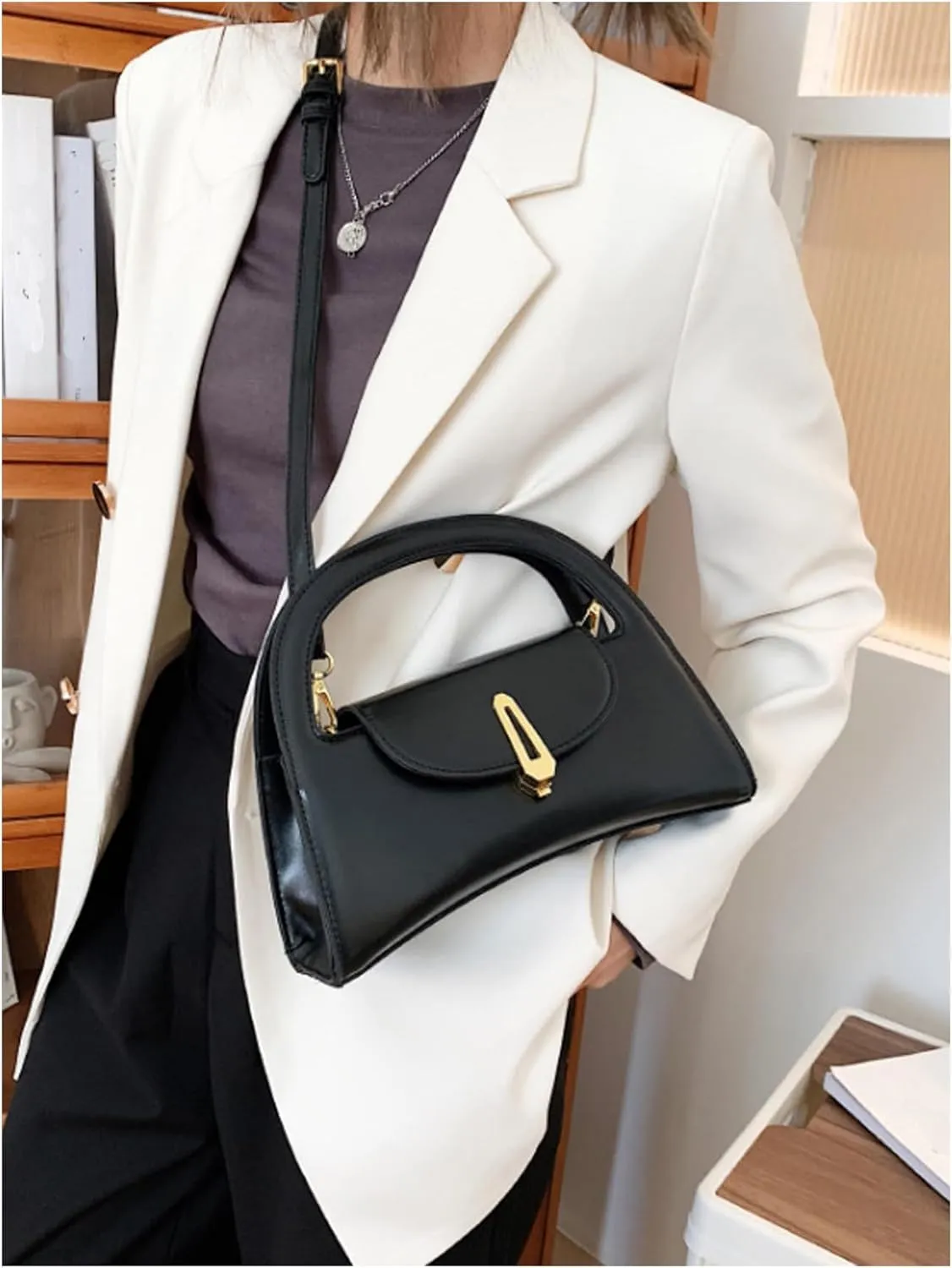 QWINEE Women's Elegant Flap Evening Handbag Double Handle Faux Leather Elegant Classic Clutch Purse