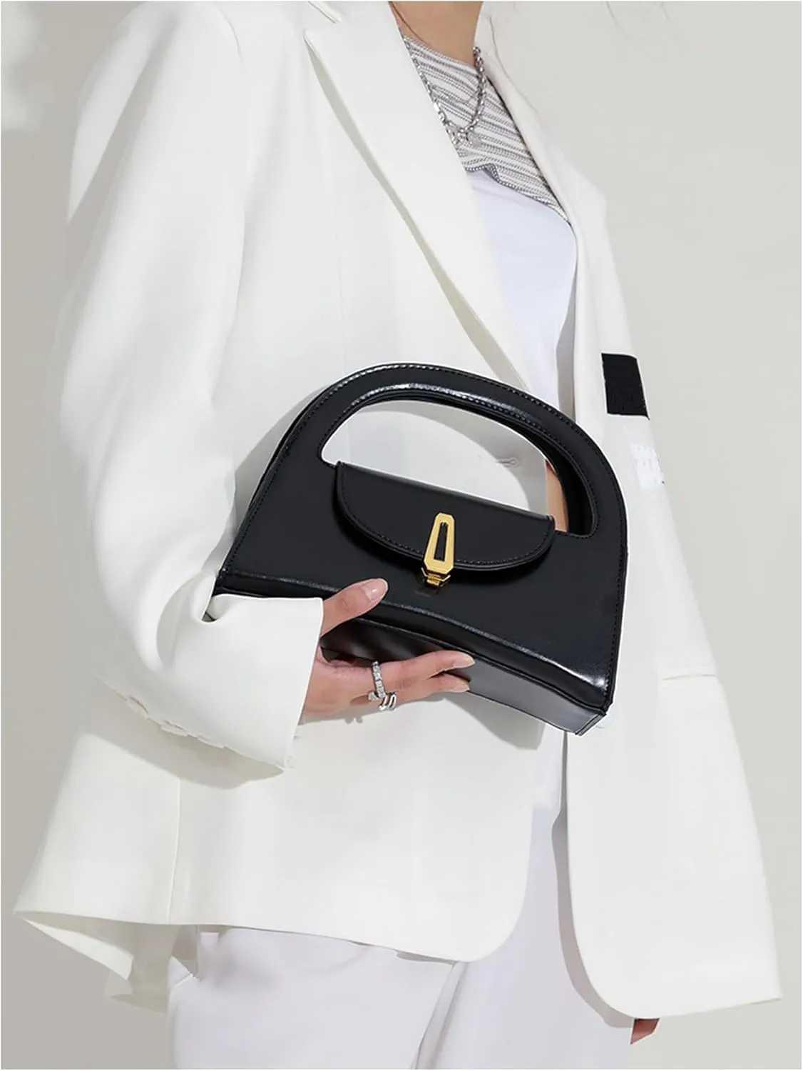 QWINEE Women's Elegant Flap Evening Handbag Double Handle Faux Leather Elegant Classic Clutch Purse