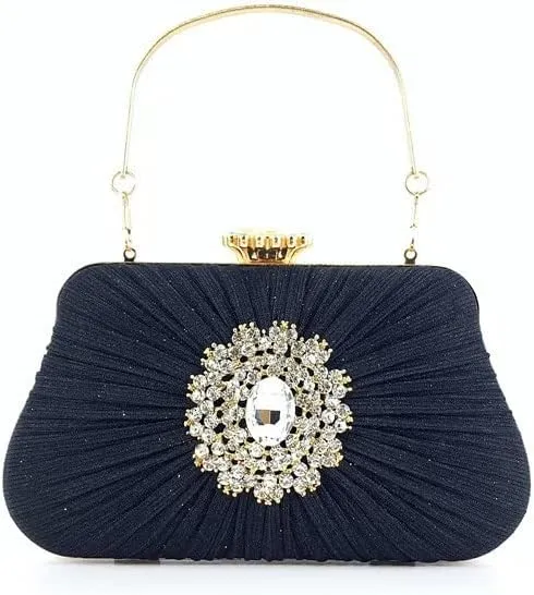 Rhinestone Bag Elegant Pleated Craft Handheld Dinner Wedding Tote(Color:A)