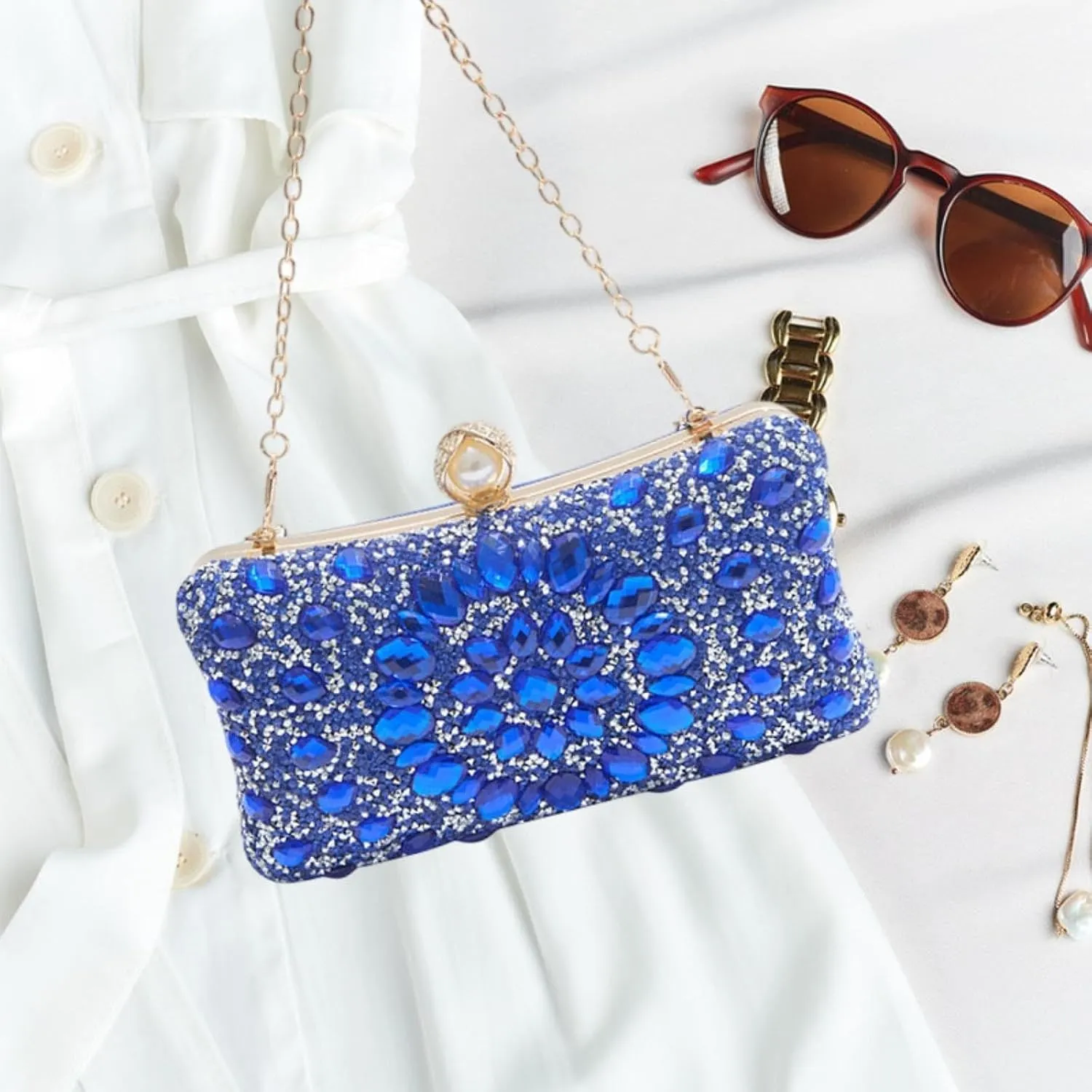 Rhinestones Clutch Purse Elegant Wallet with Detachable Chain for Engagement