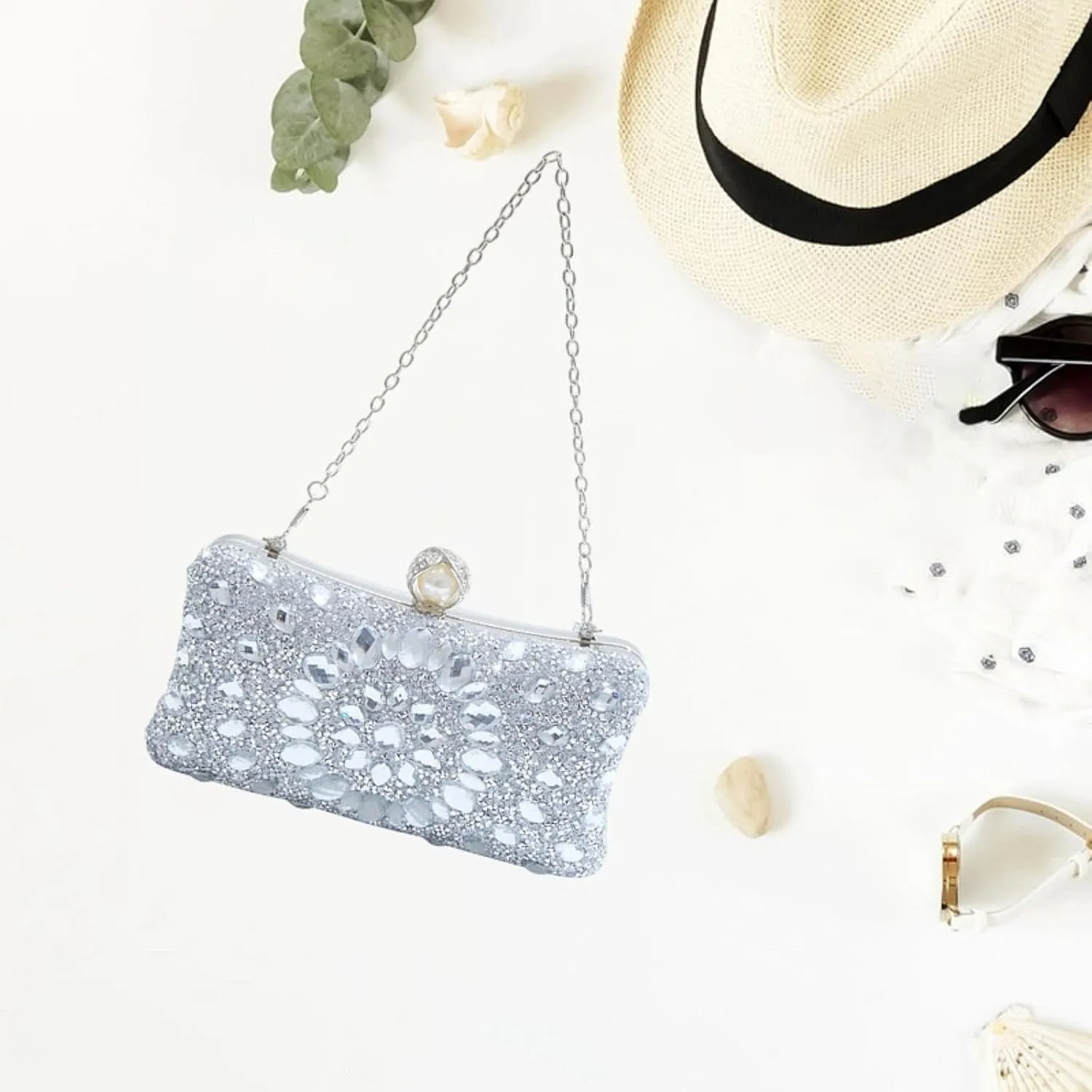 Rhinestones Clutch Purse Elegant Wallet with Detachable Chain for Engagement
