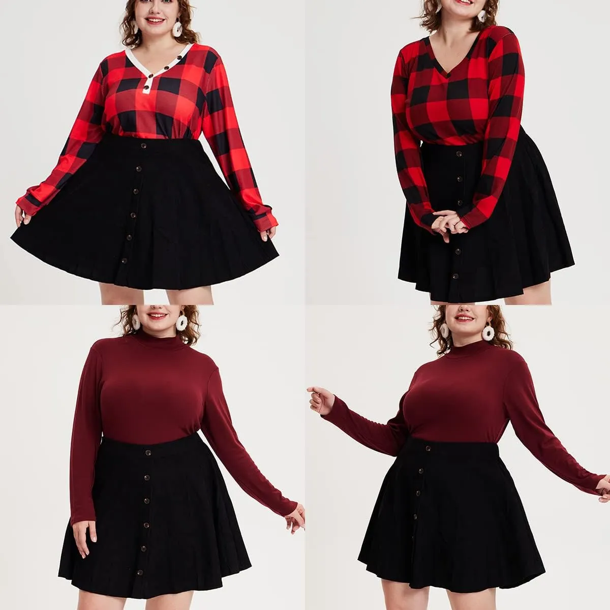 RITERA Plus Size Basic Versatile Stretchy Elastic Waist Flared Casual Mini Skater Skirt/Pleated Plaid Skirt for Women XL-5XL