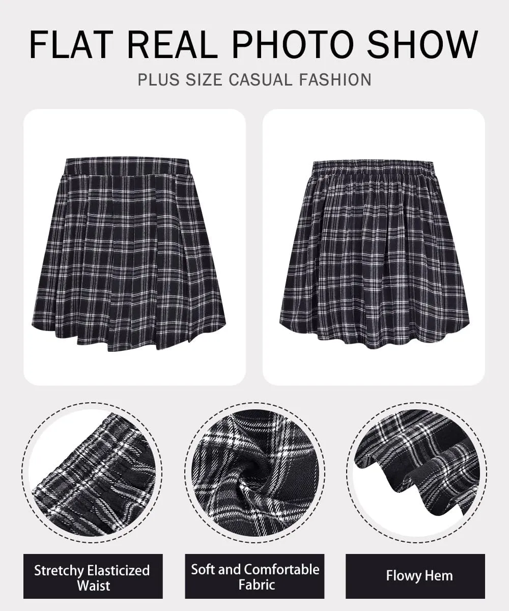 RITERA Plus Size Basic Versatile Stretchy Elastic Waist Flared Casual Mini Skater Skirt/Pleated Plaid Skirt for Women XL-5XL