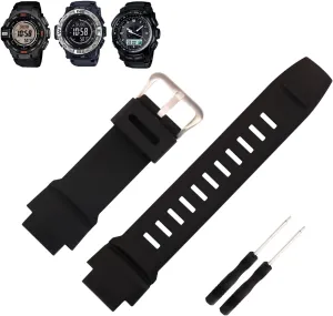 Rubber 18MM Silicone Watch Bands Replacement Fit for Casio Proterk PRG-270 PRG-250 PRG-500 PRW-2500 PRW-3500 PRW-5100 Pro terk Strap Wirstband With Black/Silver Stainless Steel Buckle for Men and Women
