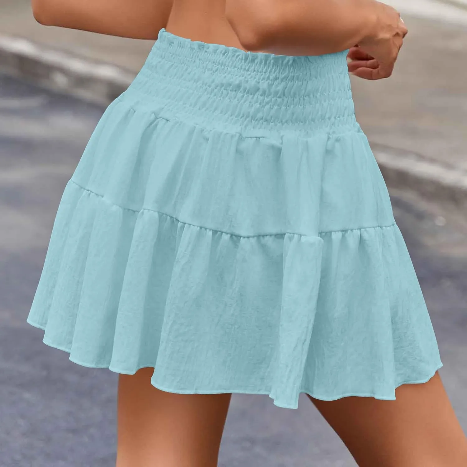Ruffle Tiered Short Skirt for Women Summer Elastic Waisted Pleated Layer Skirts Casual Trendy Beach Vacation Skirt