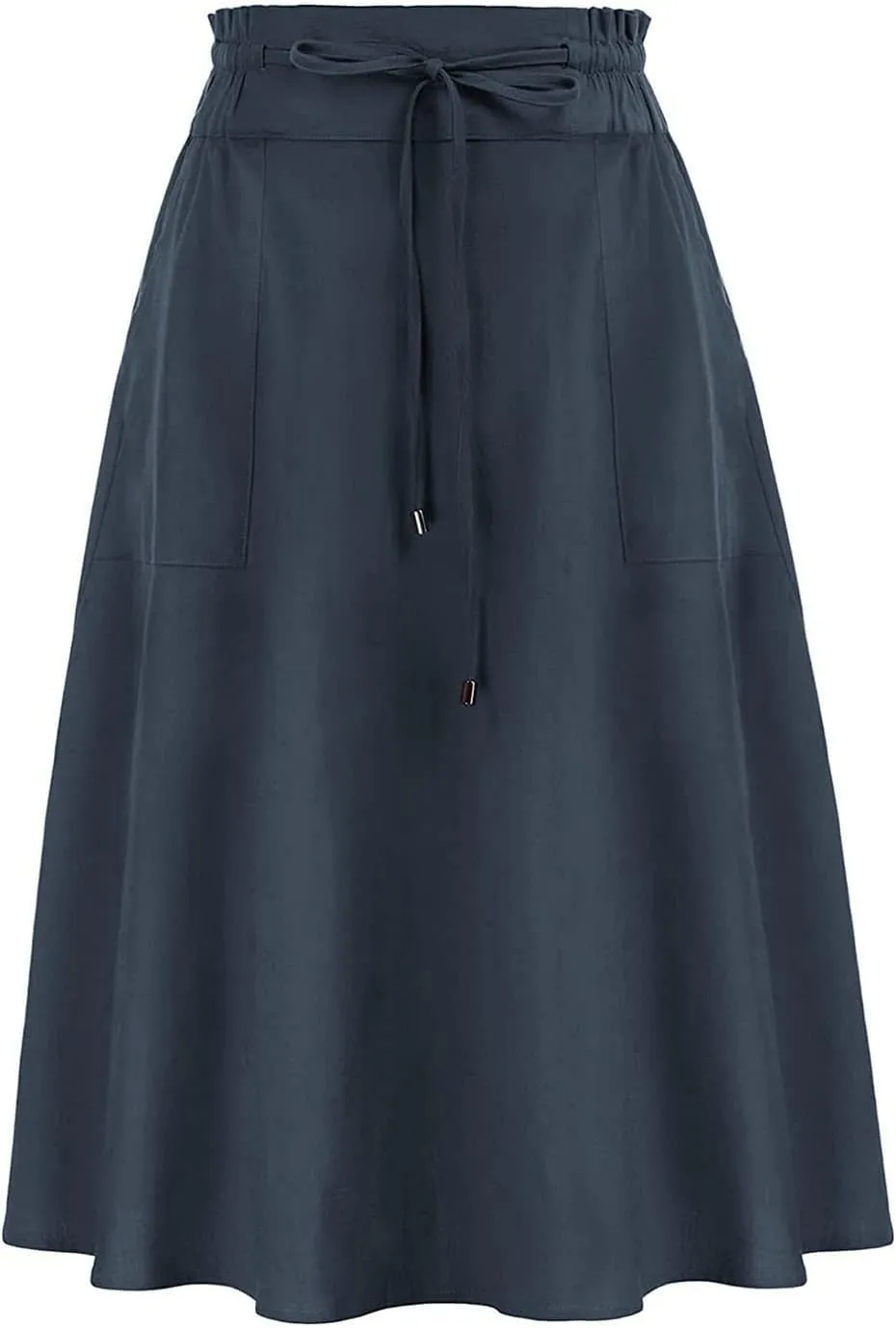 Rvidbe Women's Drawstring High Waisted Midi Skirts with Pockets Summer Casual Flowy Pleated A-Line Flared Cotton Skirts