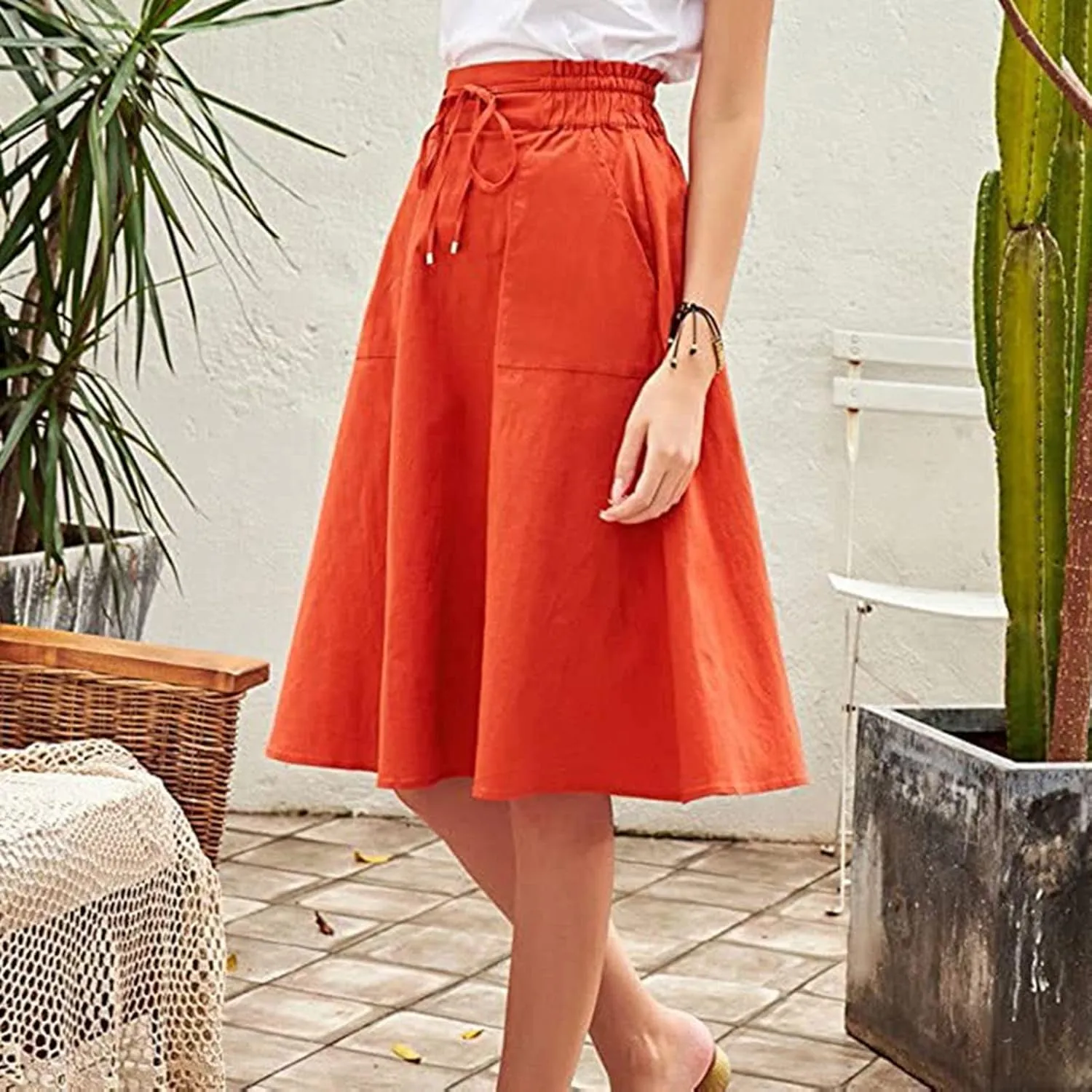 Rvidbe Women's Drawstring High Waisted Midi Skirts with Pockets Summer Casual Flowy Pleated A-Line Flared Cotton Skirts