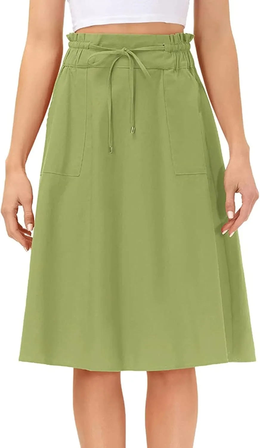 Rvidbe Women's Drawstring High Waisted Midi Skirts with Pockets Summer Casual Flowy Pleated A-Line Flared Cotton Skirts