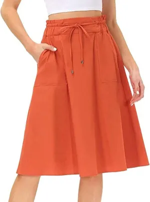Rvidbe Women's Drawstring High Waisted Midi Skirts with Pockets Summer Casual Flowy Pleated A-Line Flared Cotton Skirts