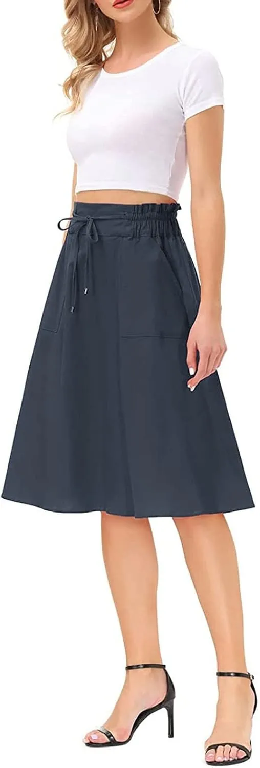 Rvidbe Women's Drawstring High Waisted Midi Skirts with Pockets Summer Casual Flowy Pleated A-Line Flared Cotton Skirts