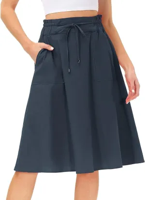 Rvidbe Women's Drawstring High Waisted Midi Skirts with Pockets Summer Casual Flowy Pleated A-Line Flared Cotton Skirts