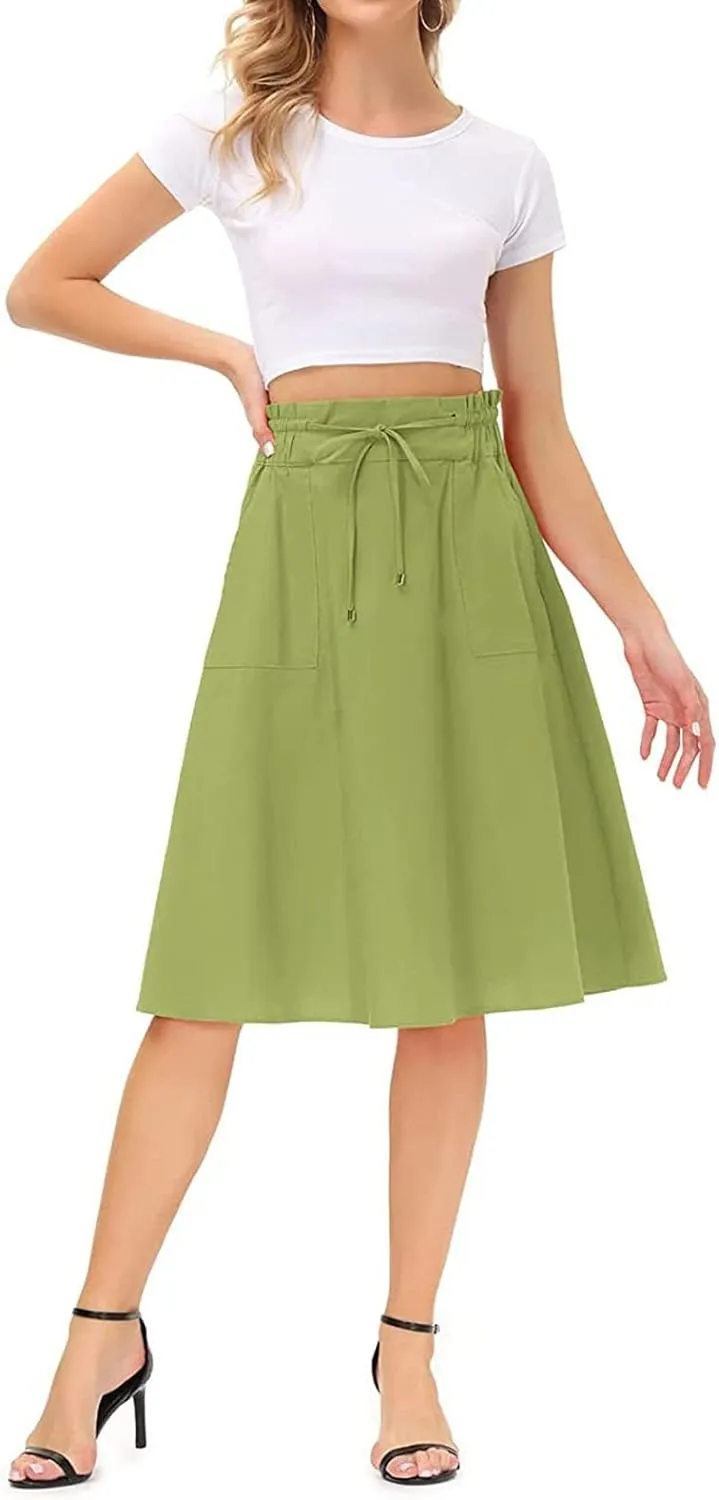 Rvidbe Women's Drawstring High Waisted Midi Skirts with Pockets Summer Casual Flowy Pleated A-Line Flared Cotton Skirts