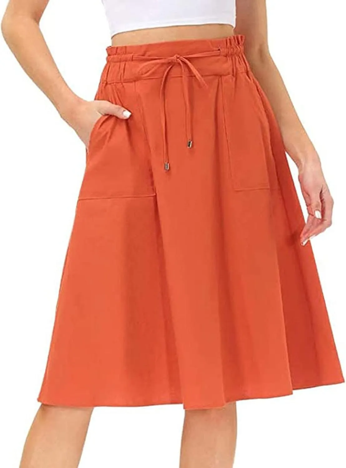 Rvidbe Women's Drawstring High Waisted Midi Skirts with Pockets Summer Casual Flowy Pleated A-Line Flared Cotton Skirts