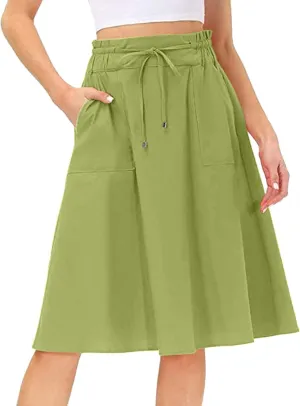 Rvidbe Women's Drawstring High Waisted Midi Skirts with Pockets Summer Casual Flowy Pleated A-Line Flared Cotton Skirts