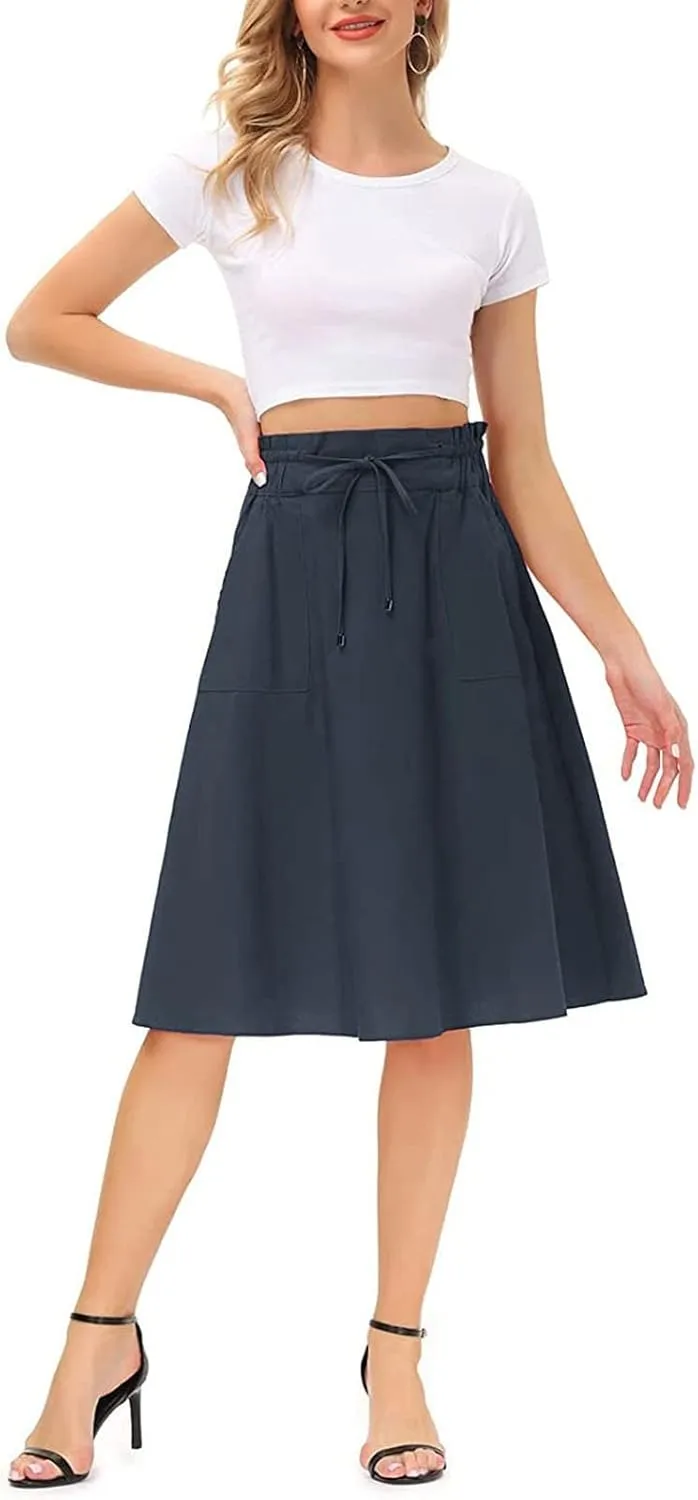 Rvidbe Women's Drawstring High Waisted Midi Skirts with Pockets Summer Casual Flowy Pleated A-Line Flared Cotton Skirts