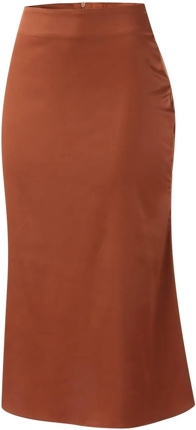 Rvidbe Women's Elastic High Waisted Midi Skirts Summer Dressy Casual Work Office Flowy A-Line Flared Stain Long Skirts