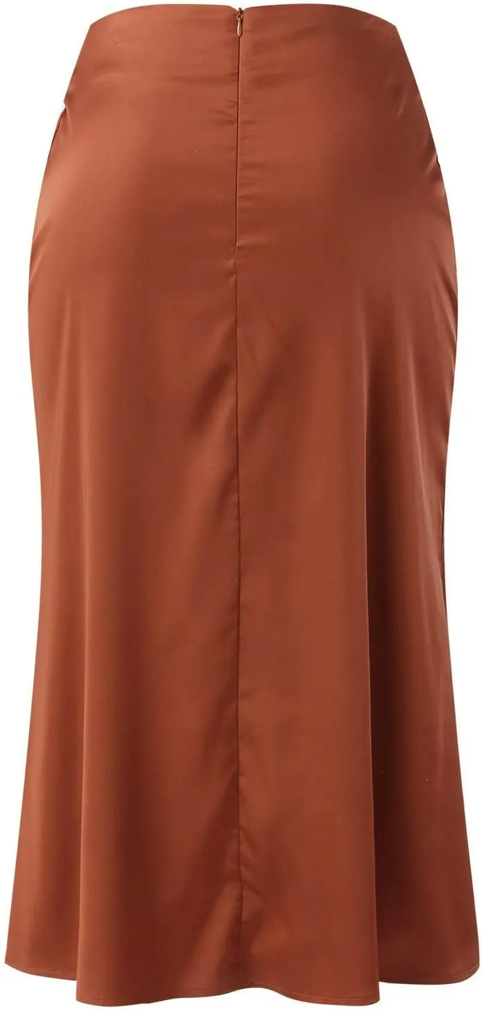 Rvidbe Women's Elastic High Waisted Midi Skirts Summer Dressy Casual Work Office Flowy A-Line Flared Stain Long Skirts
