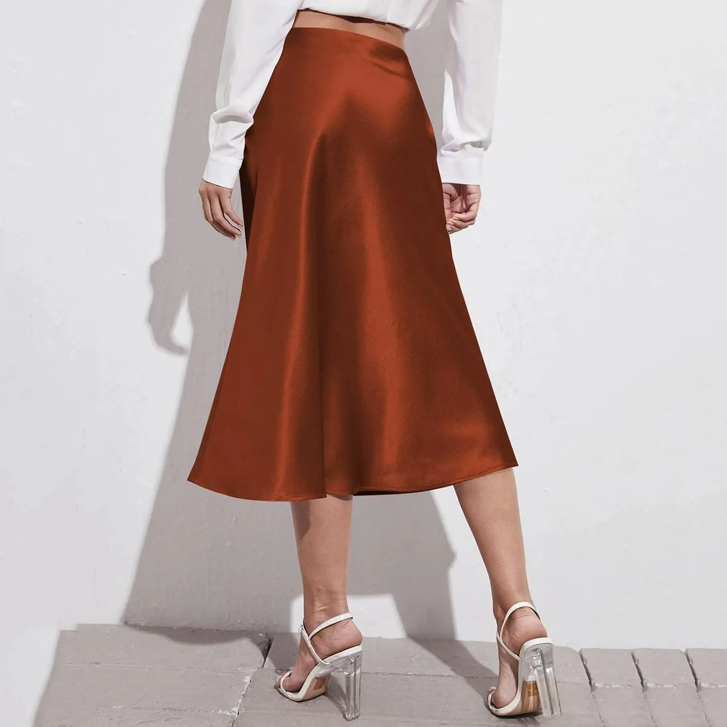 Rvidbe Women's Elastic High Waisted Midi Skirts Summer Dressy Casual Work Office Flowy A-Line Flared Stain Long Skirts