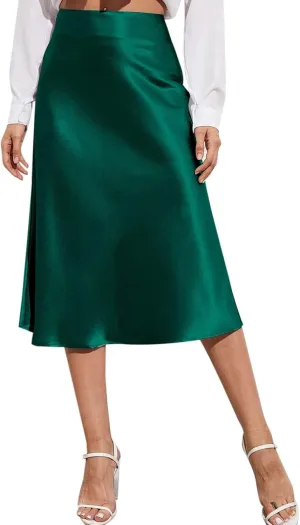 Rvidbe Women's Elastic High Waisted Midi Skirts Summer Dressy Casual Work Office Flowy A-Line Flared Stain Long Skirts