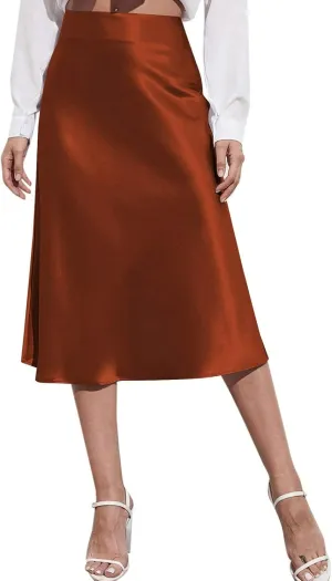 Rvidbe Women's Elastic High Waisted Midi Skirts Summer Dressy Casual Work Office Flowy A-Line Flared Stain Long Skirts