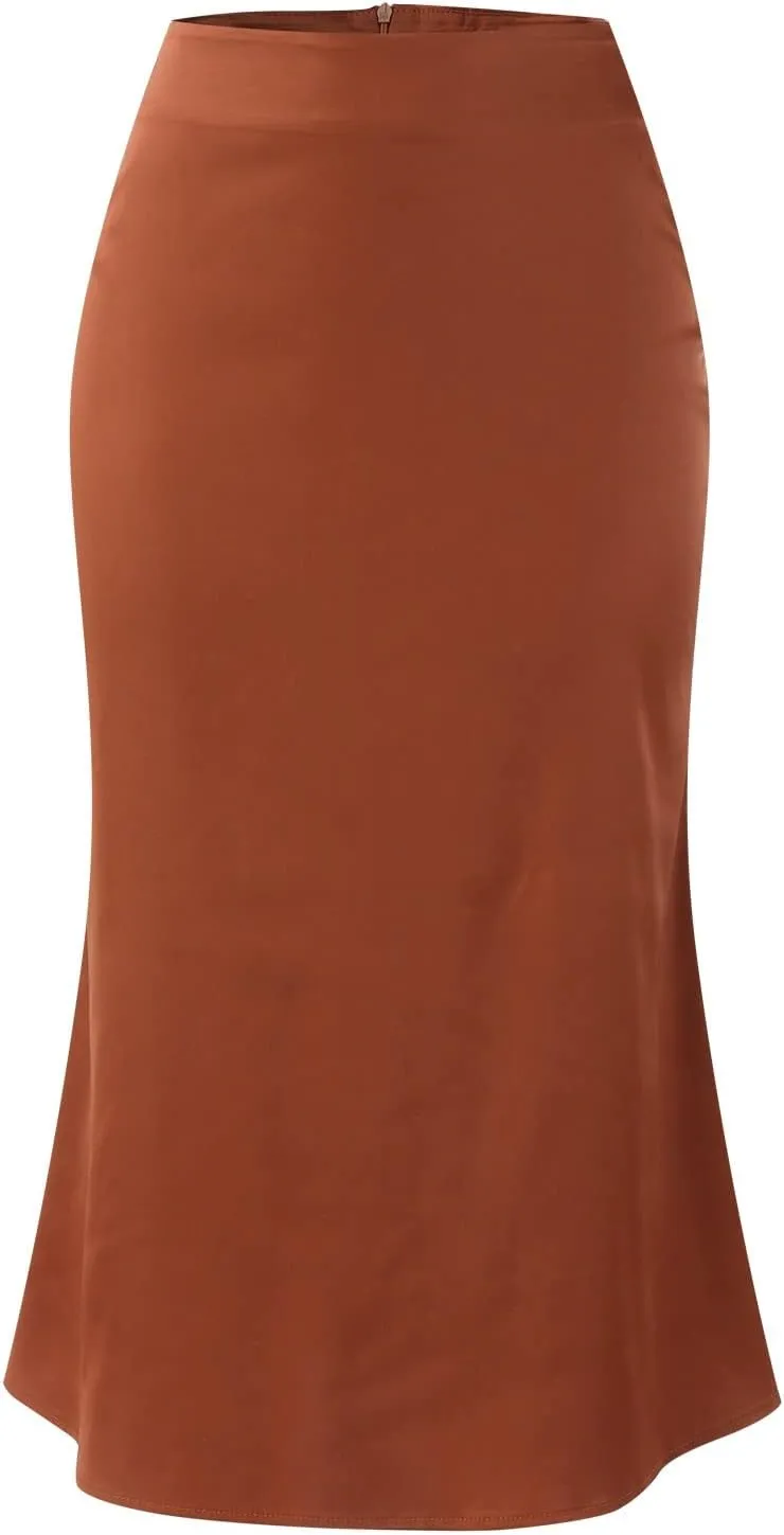 Rvidbe Women's Elastic High Waisted Midi Skirts Summer Dressy Casual Work Office Flowy A-Line Flared Stain Long Skirts