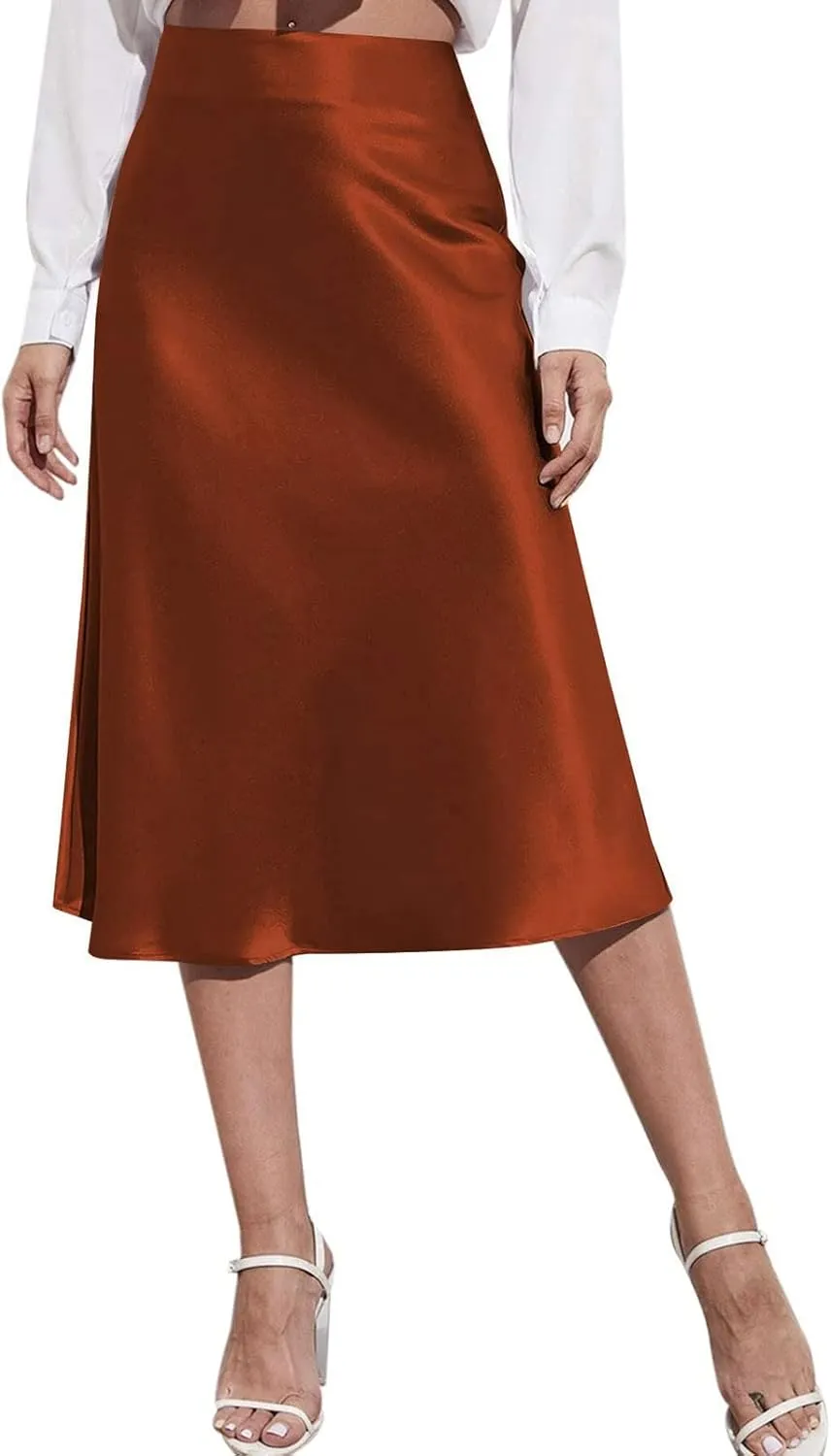 Rvidbe Women's Elastic High Waisted Midi Skirts Summer Dressy Casual Work Office Flowy A-Line Flared Stain Long Skirts