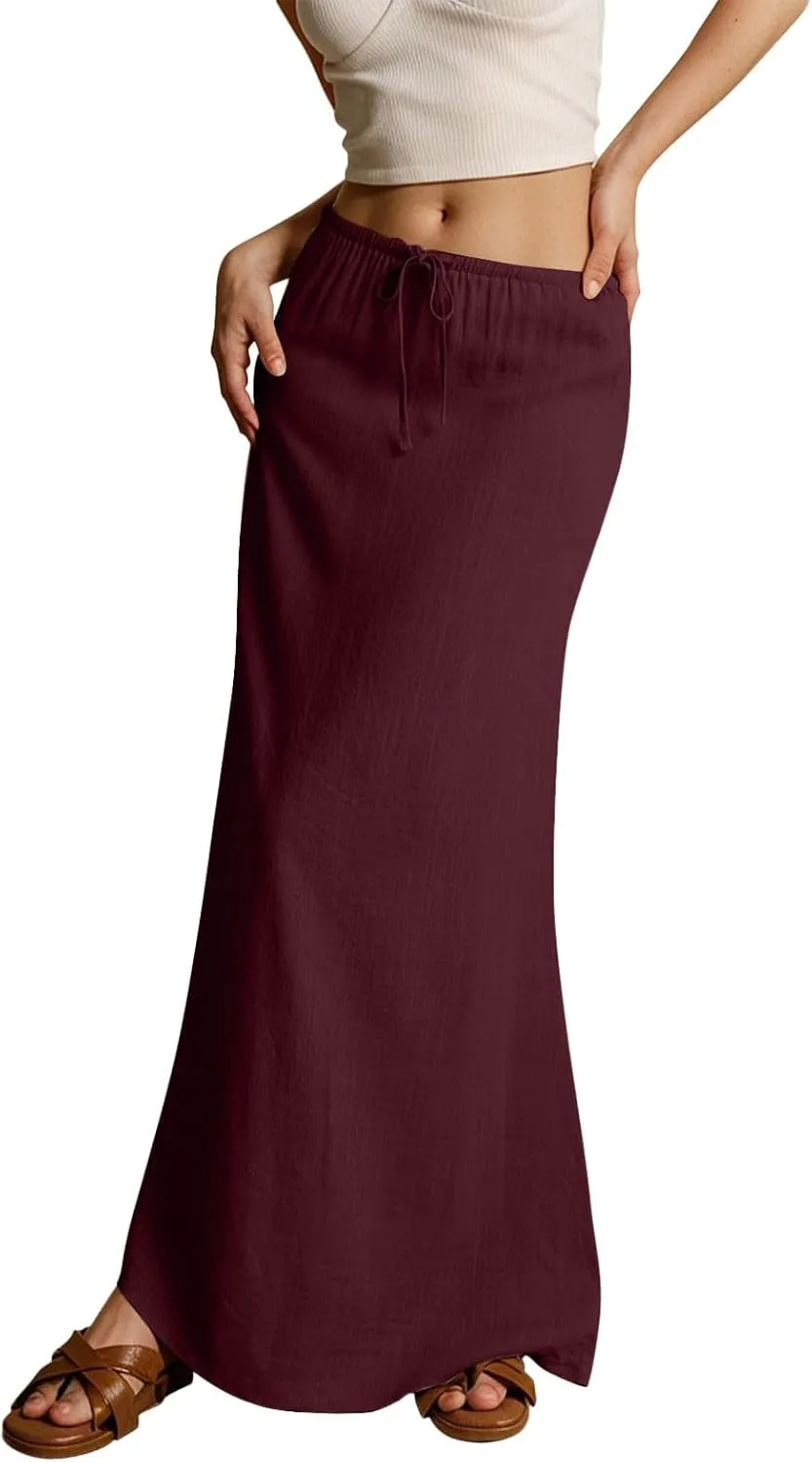 Rvidbe Womens Linen Maxi Skirts 2025 Summer Casual Vacation Boho Elastic Waist Drawstring Flared Flowy A-Line Long Skirt