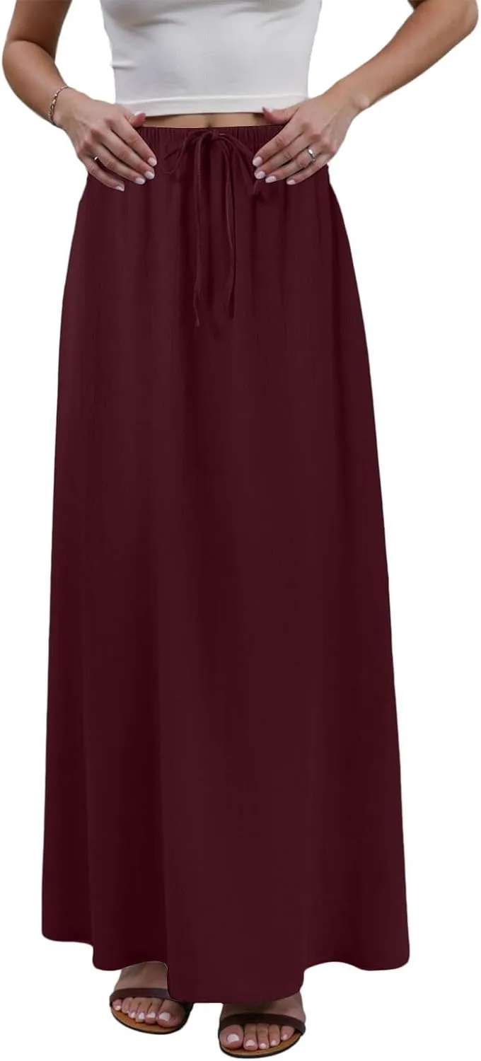 Rvidbe Womens Linen Maxi Skirts 2025 Summer Casual Vacation Boho Elastic Waist Drawstring Flared Flowy A-Line Long Skirt