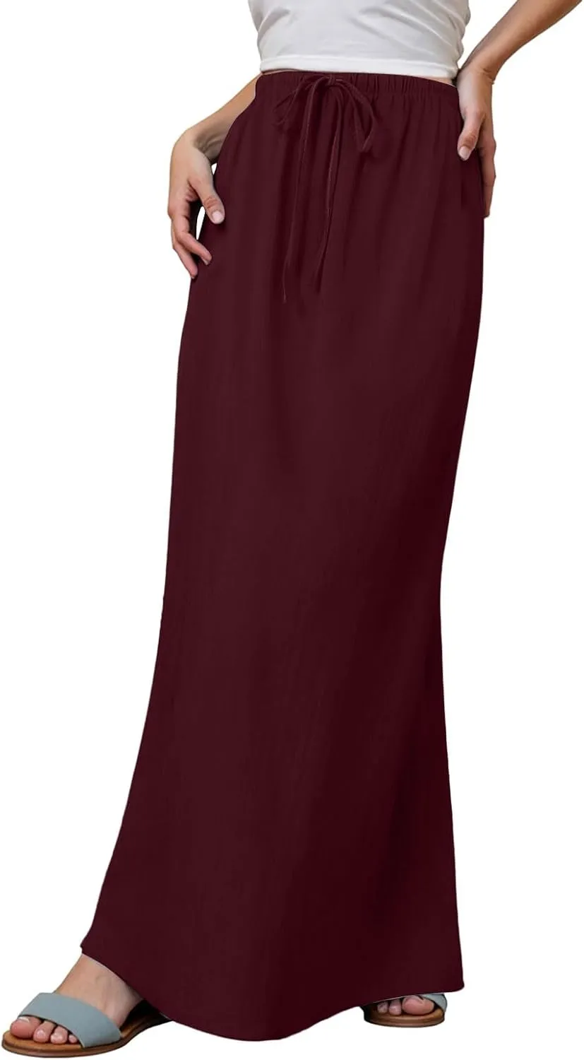 Rvidbe Womens Linen Maxi Skirts 2025 Summer Casual Vacation Boho Elastic Waist Drawstring Flared Flowy A-Line Long Skirt