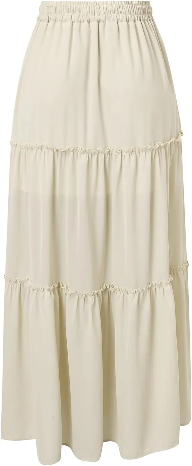 Rvidbe Women's Summer Casual Vacation Boho Maxi Skirt A-Line Flowy Ruffle Tiered Elastic High Waisted Floral Print Long Skirt
