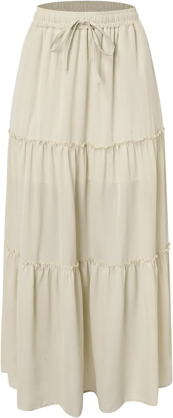 Rvidbe Women's Summer Casual Vacation Boho Maxi Skirt A-Line Flowy Ruffle Tiered Elastic High Waisted Floral Print Long Skirt