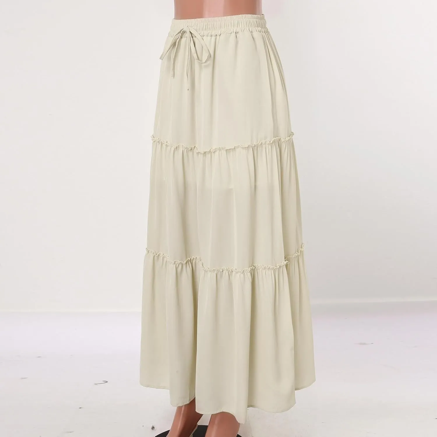 Rvidbe Women's Summer Casual Vacation Boho Maxi Skirt A-Line Flowy Ruffle Tiered Elastic High Waisted Floral Print Long Skirt