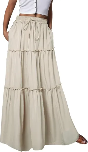 Rvidbe Women's Summer Casual Vacation Boho Maxi Skirt A-Line Flowy Ruffle Tiered Elastic High Waisted Floral Print Long Skirt