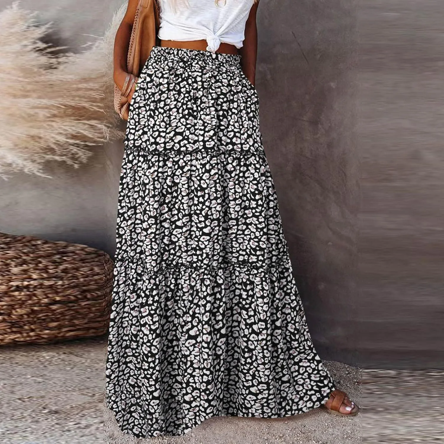 Rvidbe Women's Summer Casual Vacation Boho Maxi Skirt A-Line Flowy Ruffle Tiered Elastic High Waisted Floral Print Long Skirt