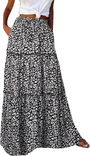 Rvidbe Women's Summer Casual Vacation Boho Maxi Skirt A-Line Flowy Ruffle Tiered Elastic High Waisted Floral Print Long Skirt