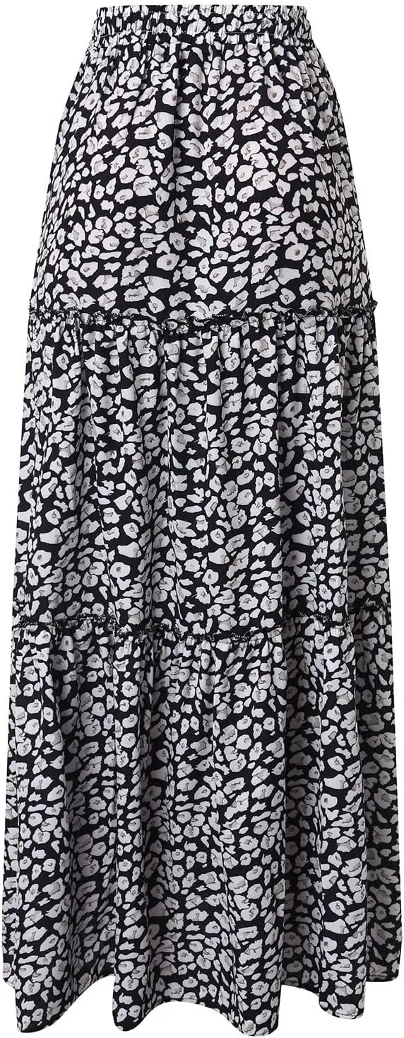Rvidbe Women's Summer Casual Vacation Boho Maxi Skirt A-Line Flowy Ruffle Tiered Elastic High Waisted Floral Print Long Skirt